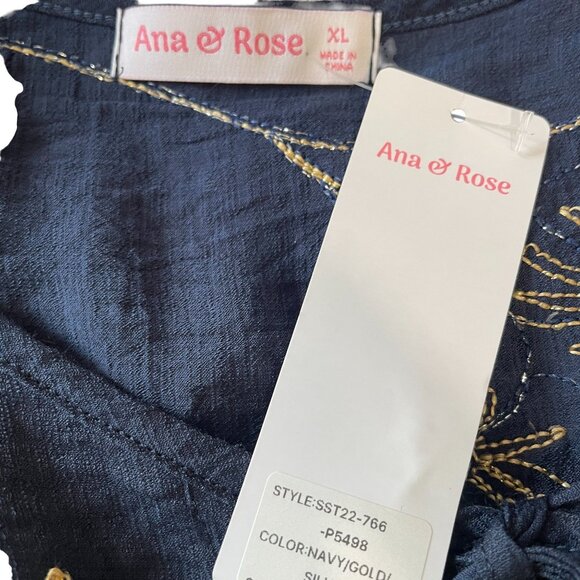 Ana & Rose Navy Blue Embroidered Floral Blouse XL Gold Stitching Boho Chic - Picture 3 of 10